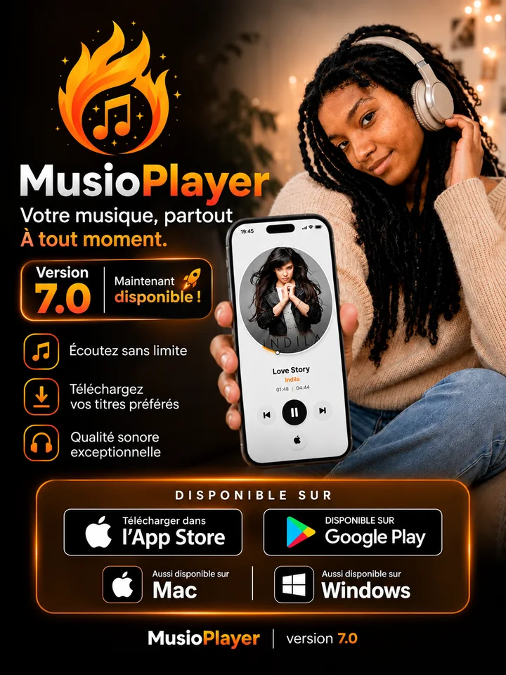 Affiche MusioPlayer 7.0 : écoutez sans limite, téléchargez vos titres préférés, qualité sonore exceptionnelle — disponible sur l'App Store, Google Play, Mac et Windows
